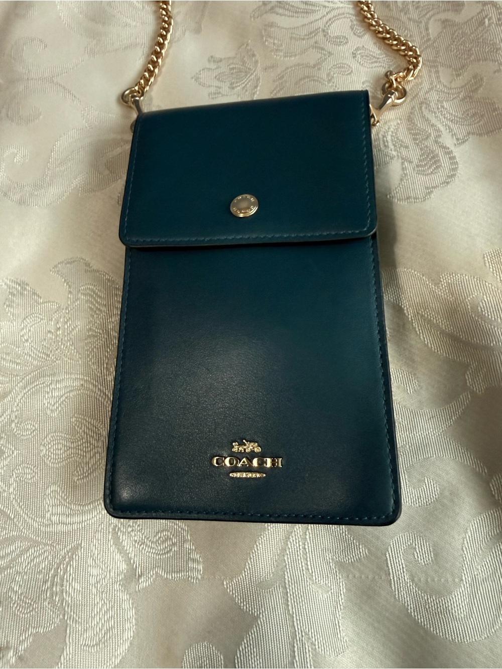 Coach Teal Leather Phone Crossbody Bag | Gold Chain Strap Fits 16Pro Max - Picture 4 of 12